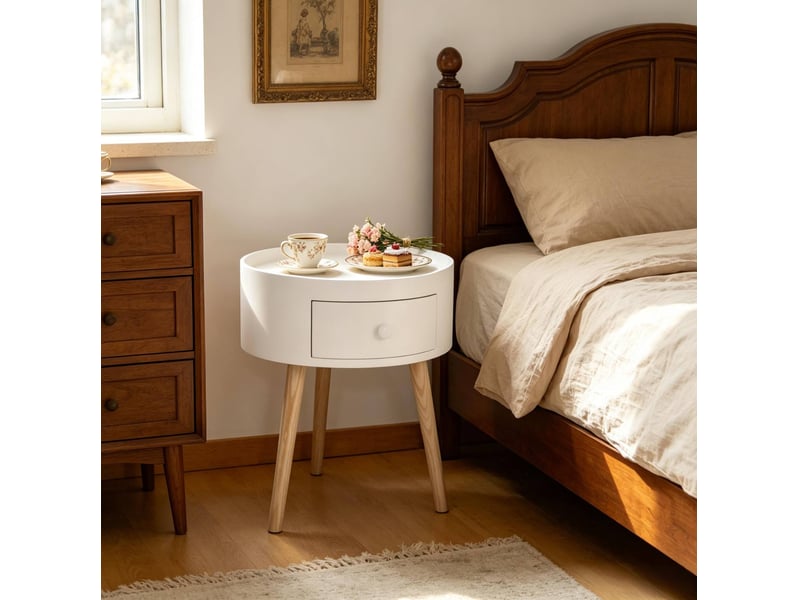  Table de chevet ronde avec tiroir, plateau à rebord, blanc et bois clair  - Conforama B