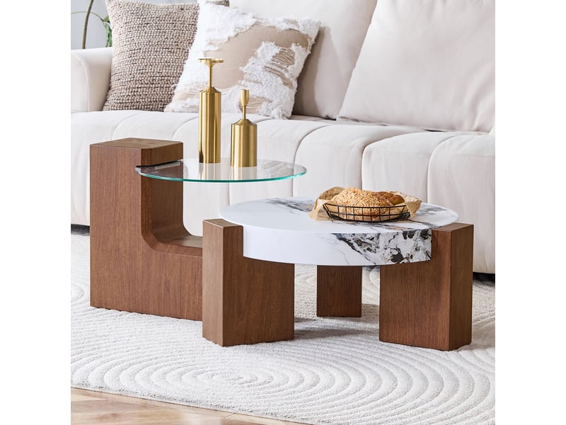  Table basse aspect noyer mdf verre de sécurité transparent combinable en table basse deux tables d'appoint séparées  - Conforama A