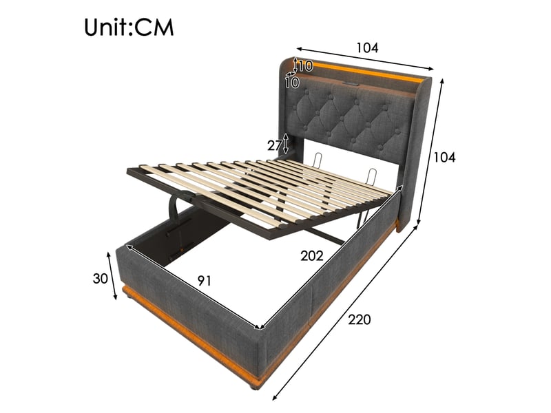 Lit coffre 1 place 90x200 cm led 360°, usb et usb-c, lin gris  - Conforama E