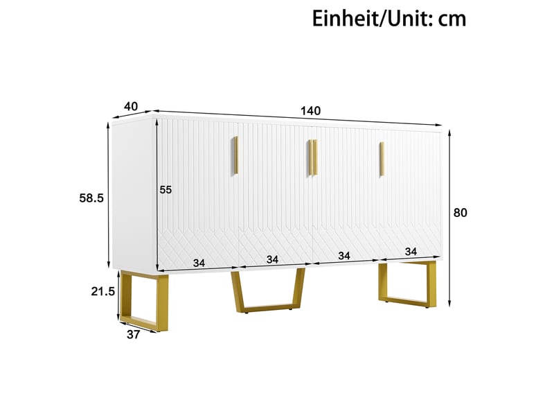 Buffet 140x40x80 cm blanc brillant mdf, 4 portes, design géométrique et grand rangement pour salon  - Conforama C