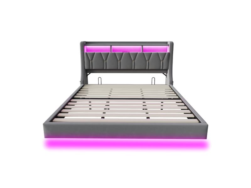 Lit capitonné 180 x 200 cm, tête de lit rabattable avec prise et compartiment de rangement, éclairage led, pieds de lit élargis, design suspendu, revêtement en velours gris  - Conforama D