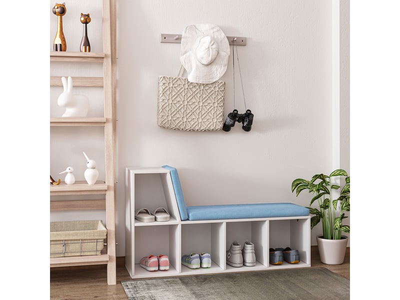  Bibliothèque banc 2 en 1 avec 5 compartiments de rangement et 2 coussins 108 x 30 x 60 cm blanc bleu  - Conforama D
