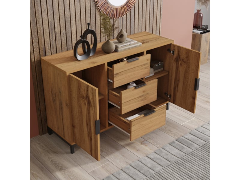  Commode 2 portes 3 tiroirs avec étagère réglable - elvmi - en panneau de particules, chêne foncé, 120 x 40 x 76 cm  - Conforama B