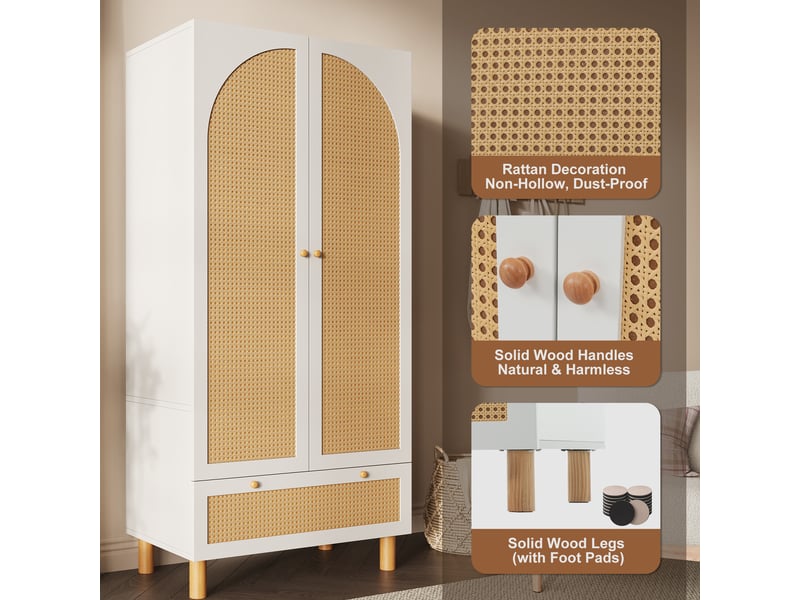  Armoire penderie 2 portes rotin et 1 tiroir blanc 85.5 x 52 x 180.5 cm AB20107980W - Conforama D