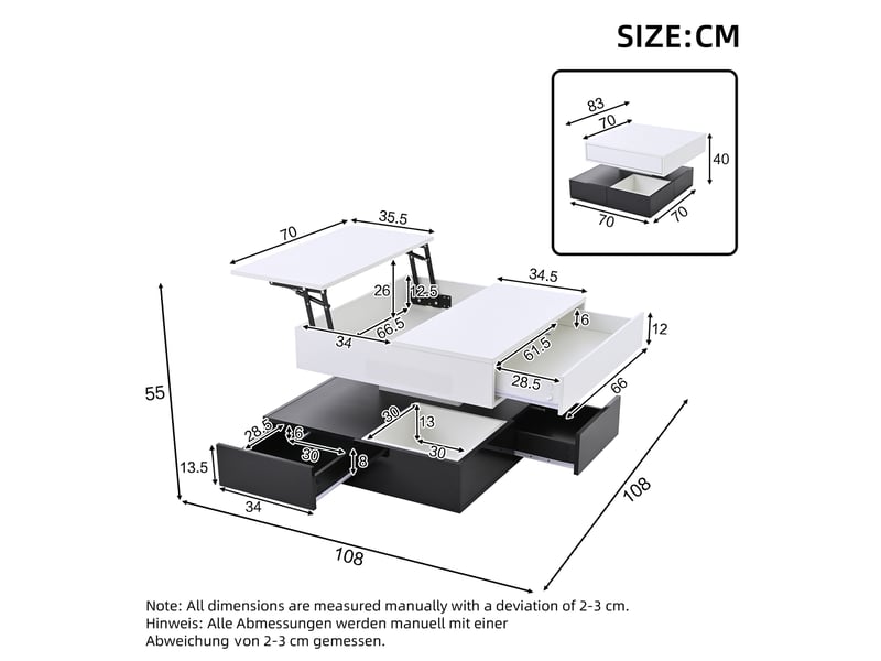  Table basse relevable avec 3 tiroirs, plateau pivotant à 360°, rangement ouvert, en panneau de particules, 70×70×40 cm, blanc noir - uvrion  - Conforama E