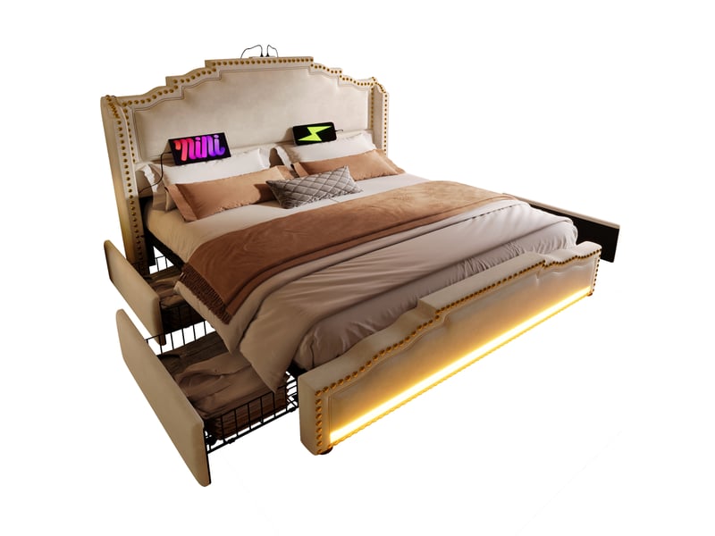  Modenvie lit double 160x200 cm - 4 tiroirs, led et ports usb-c - avec matelas, velours beige  - Conforama A