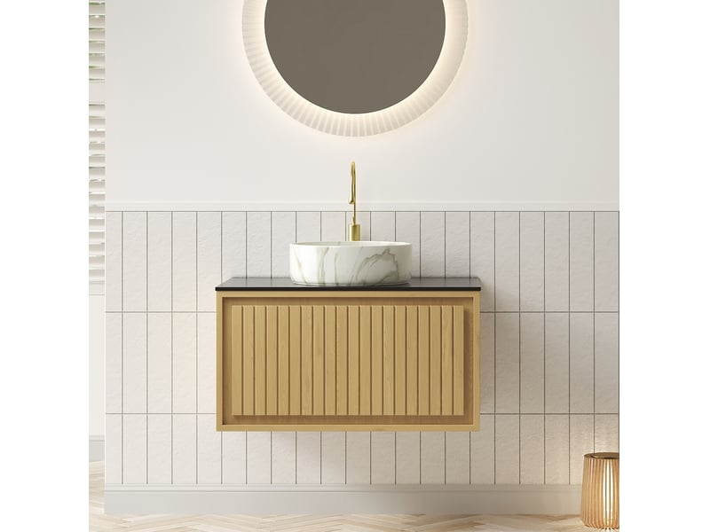 Meuble sous vasque suspendu avec grand tiroir amorti, plan en pierre frittée et vasque en céramique, salle de bain - Conforama D