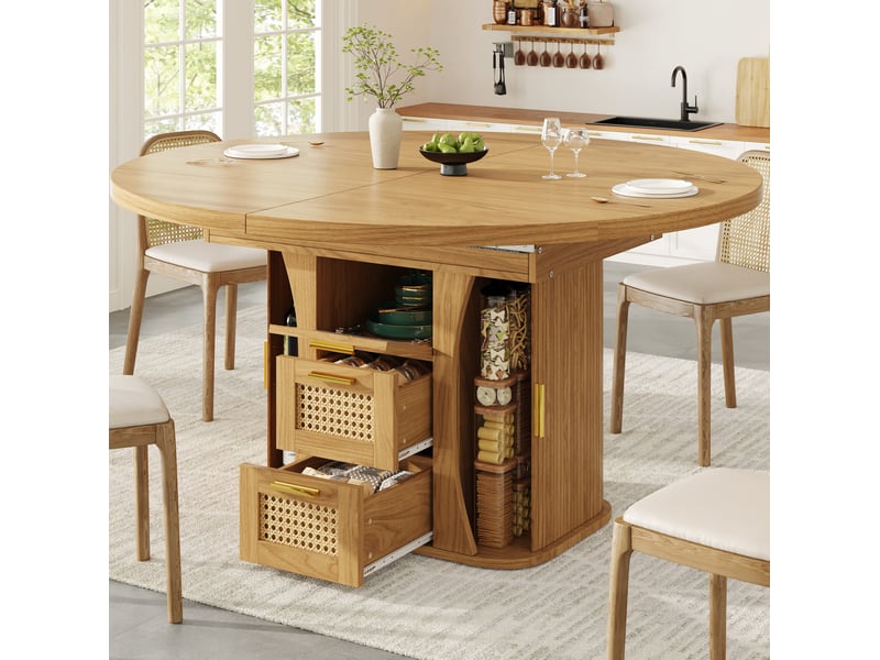 Table extensible avec tiroirs de rangement en mdf et métal, finition bois naturel, pour salle à manger et cuisine  - Conforama C