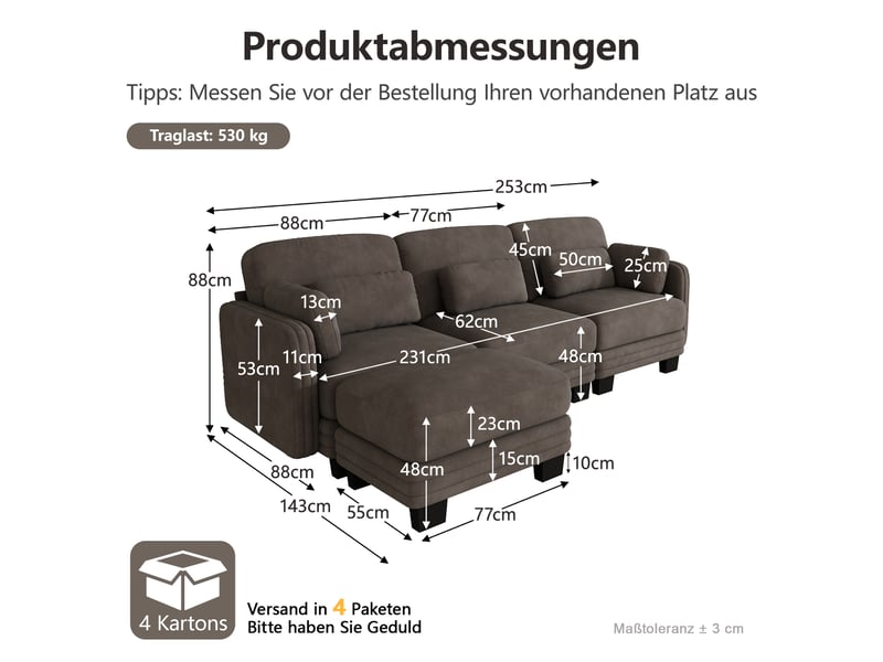 Canapé d'angle modulable - 3 places - forme l - 1 ottoman - coussins d'accoudoirs - assise profonde - tissu chenille - brun CozyNest - Conforama D