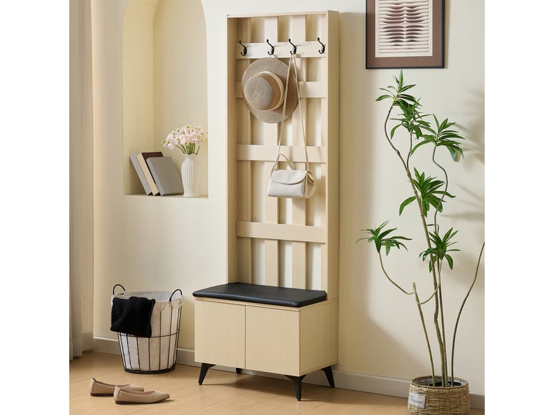 Porte-manteau moderne avec banc et patère - construction, 4 crochets pour vestes et sacs, pieds en acier noir, design élégant pour couloir et N621P467878N - Conforama B