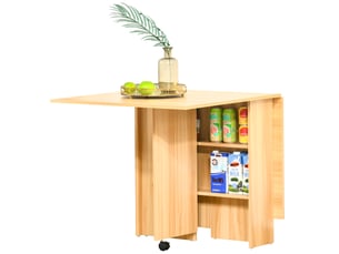 Table pliante de cuisine salle à manger amovible sur roulettes 80l x 140l x 74h cm 2 étagères intégrées en bois coloris bois naturel