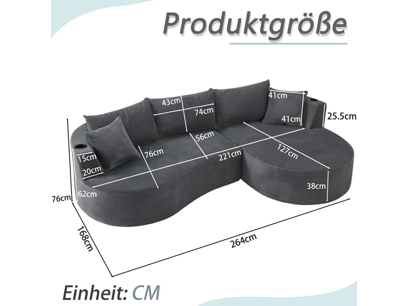 Canapé d’angle 3 places avec porte-gobelets et coussins - design arrondi en velours côtelé gris - Conforama D