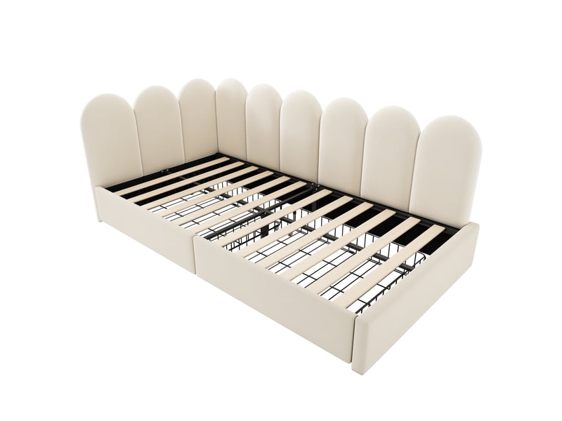 Lit banquette 90x200 cm lit simple avec 2 tiroirs, côtés réversibles, sommier à lattes, velours beige Seren Glow - Conforama E