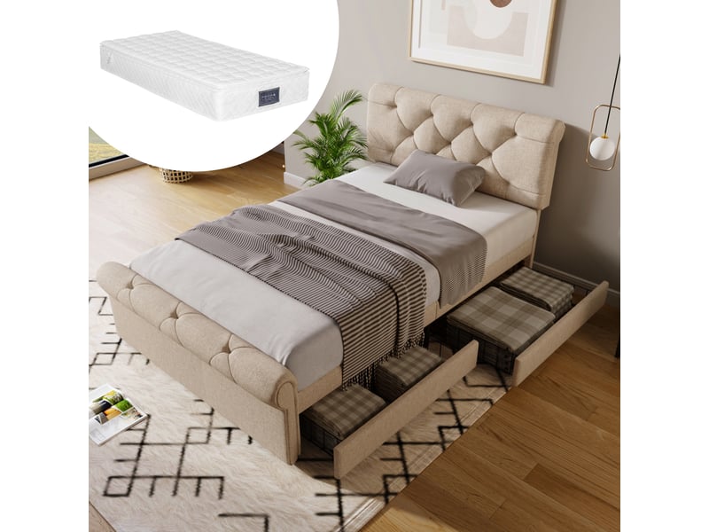 Lit une place 90 x 200 cm avec matelas, capitonné, 2 tiroirs, naturel - Conforama B
