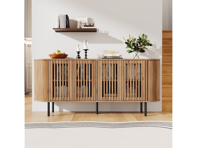  Buffet - 160x40x70cm - buffet bas de salon avec 4 portes ajourées, système push-to-open &amp; étagères - bois naturel  - Conforama B