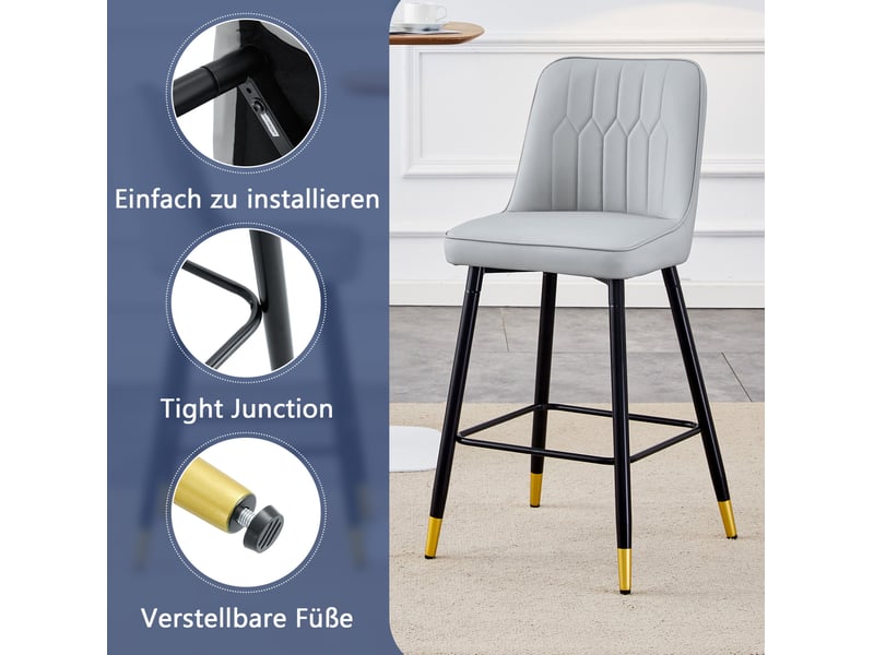 Tabouret de bar lot de 2 avec dossier et repose-pieds, design moderne, en pu et métal, gris clair et noir - Conforama E