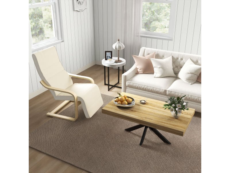 Fauteuil relax crème, repose-pieds réglable, aspect lin, bois de bouleau, 66,5x94x100 cm - Conforama B