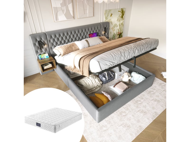  Lit coffre,160x200 cm,avec rangement et liseuses usb,velours,gris  - Conforama B