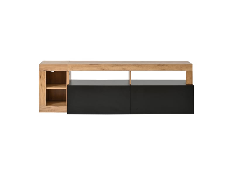 Meuble tv 184x42x58 cm, pour tv jusqu’à 80 pouces, led, 2 portes abattantes, rangements ouverts, passe-câbles, panneau de particules, noir et bois OMNIGLINT TRADING LTD - Conforama A