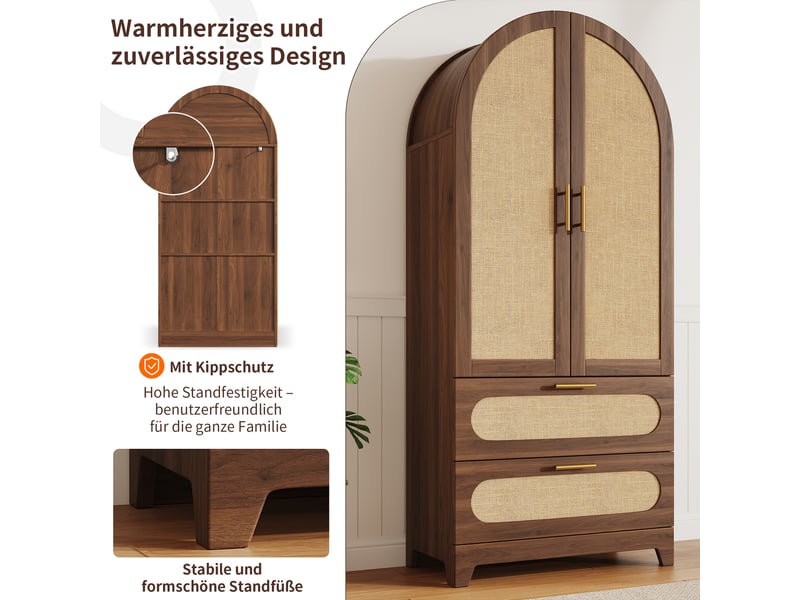  Buffet haut de cuisine 80 x 40 x 175 cm effet noyer et rotin pvc, 2 portes, 2 tiroirs, poignées dorées, façade arquée pour cuisine et salon moderne  - Conforama E