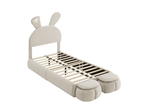 Lit capitonné 90x200cm en velours beige, oreilles de lapin, led, deux poufs et lattes en bois, lit enfant