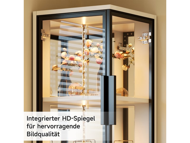  Vitrine d’angle 44x42x164 cm avec verre trempé double face, fond miroir, led multicolore via appli, meuble blanc pour collections et salon  - Conforama E