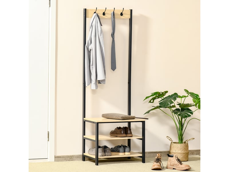  Porte-manteau métal, rangement chaussures, 3 étagères, 4 crochets, entréecouloir, 60x40x175 cm, noirnaturel.  - Conforama B