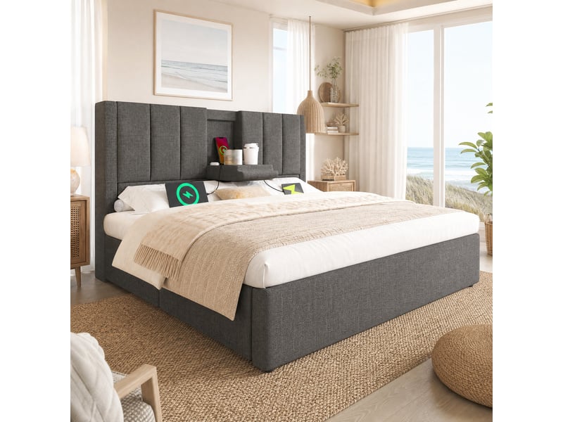 Lit coffre hydraulique 160x200 cm gris avec sommier, tête de lit, usb et porte-gobelets  - Conforama B