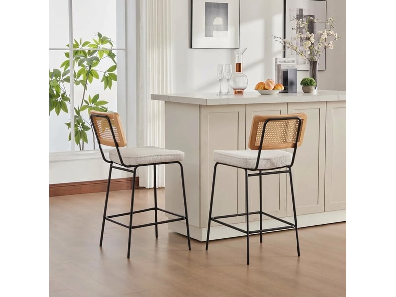 Tabouret de bar ivoire lot de 2 chaises de bar avec dossier aspect rotin et pieds en métal 96.5 cm - Conforama C