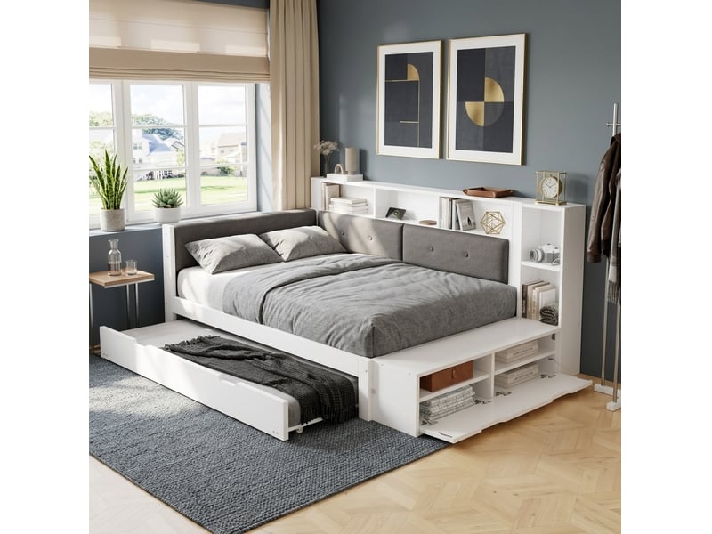 Lit adulte 120x200 cm avec lit gigogne 90x190 cm – blanc et gris – rangements et charge intégrée - Conforama D