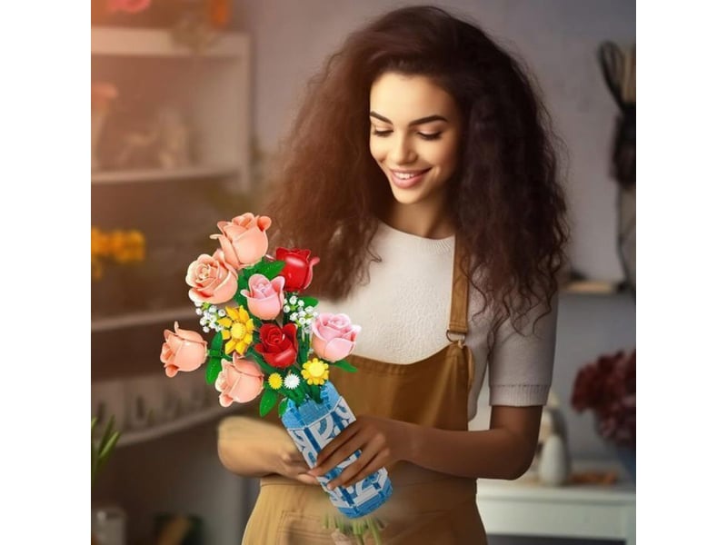  Kit bouquet de fleurs en briques mini 705 pieces avec vase bleu et leds 151498_AAANO10823_6_DROPFR - Conforama E