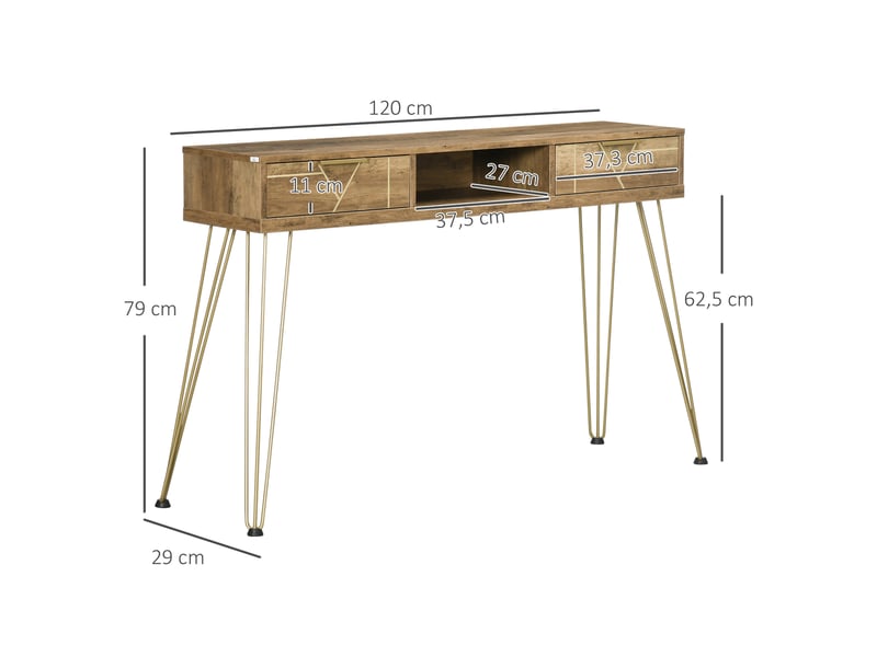  Console d'entrée avec 2 tiroirs, une étagère ouverte et des pieds en acier, 120 x 29 x 79 cm, bois et bronze  - Conforama E