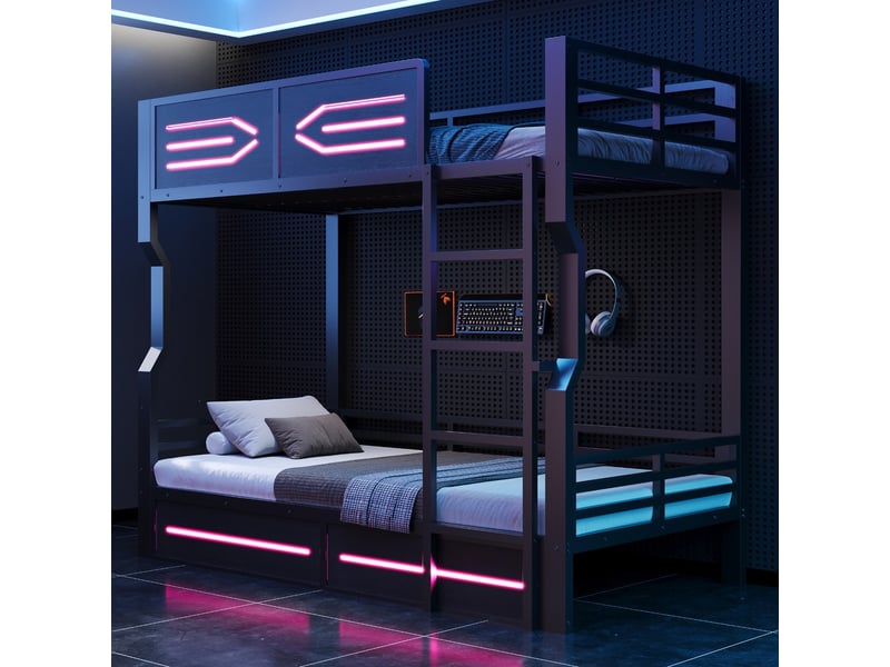  Lit superposé fer 90x200 cm led design épuré barrières hautes adolescent mezzanine noir  - Conforama D
