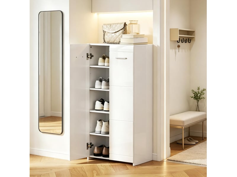  Meuble à chaussures blanc brillant 5 niveaux, 10 paires, étagères réglables  - Conforama C