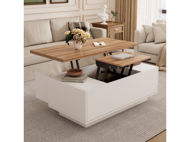  Table basse relevable avec rangement caché, double plateau, blanc et bois, charge 50 kg, 100x50 cm  - Conforama B