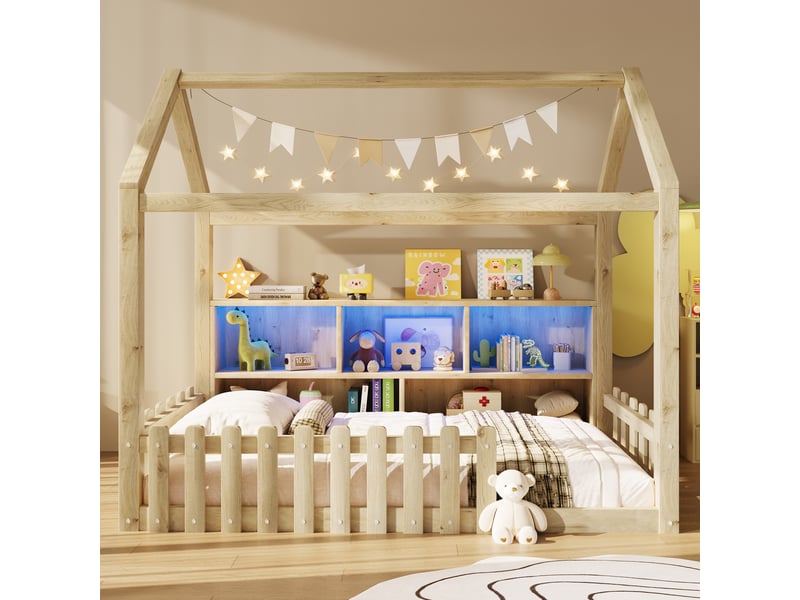  Lit cabane enfant 90x190 cm bois massif,  sommier à lattes, style maison, couchage maisonnette barrière de sécurité, led  - Conforama E