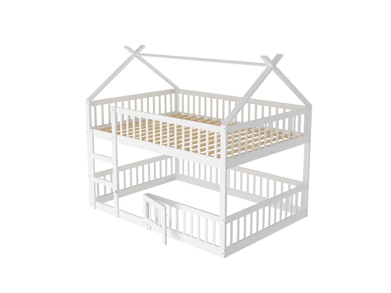  Lit superposé enfant 140x200, lit mezzanine avec escalier et toit, cadre en bois massif, lit cabane blanc avec barrière de sécurité.  - Conforama E