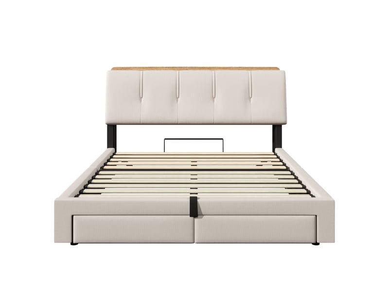  Lit capitonné, 140 x 200 cm, suspension hydraulique, avec port usb type-c, sans matelas, rangement multifonctionnel, éclairage led, commande par bouton-poussoirapplication, lin, beige  - Conforama D