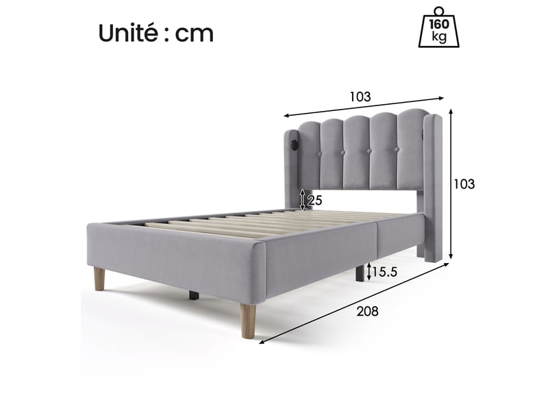  Lit simple rembourré 90x200 cm en lin gris avec tête de lit à panneaux, usb et type-c, sans matelas  - Conforama D