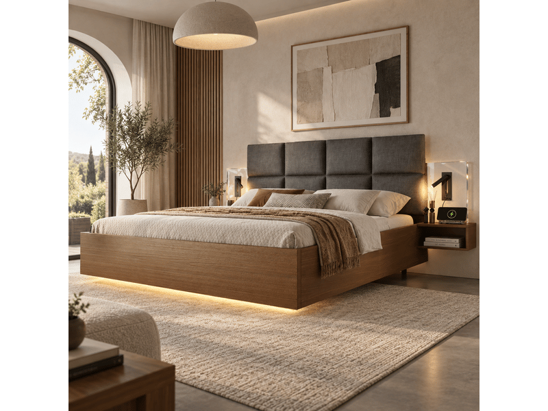 Lit double 180 x 200 cm, tête de lit en lin, chevets suspendus, liseuse tactile, usb-c, led via application, sommier à lattes, gris Bliss Lite - Conforama E