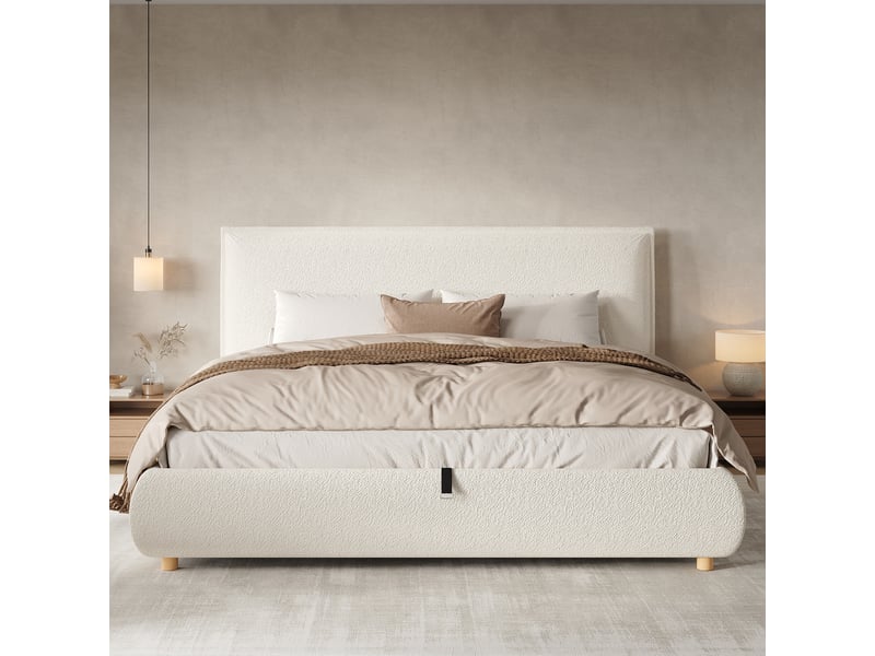  Lit 180x200 cm en bouclette avec sommier et rangement blanc chicfurn  - Conforama D