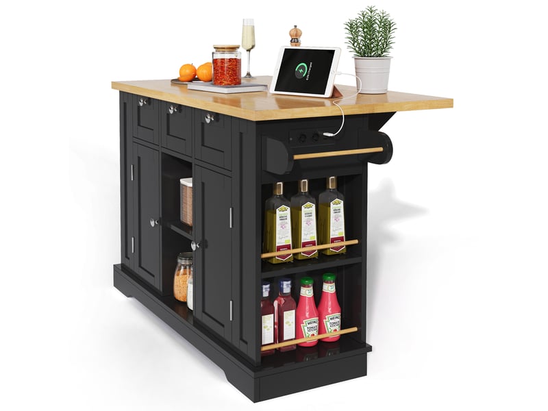  Desserte roulante,chariot de cuisine avec 2 portes,3 tiroirs,2 niches,étagères ouvertes,plateau pliable,prise usb et porte-serviettes,noir desserte noir - Conforama E