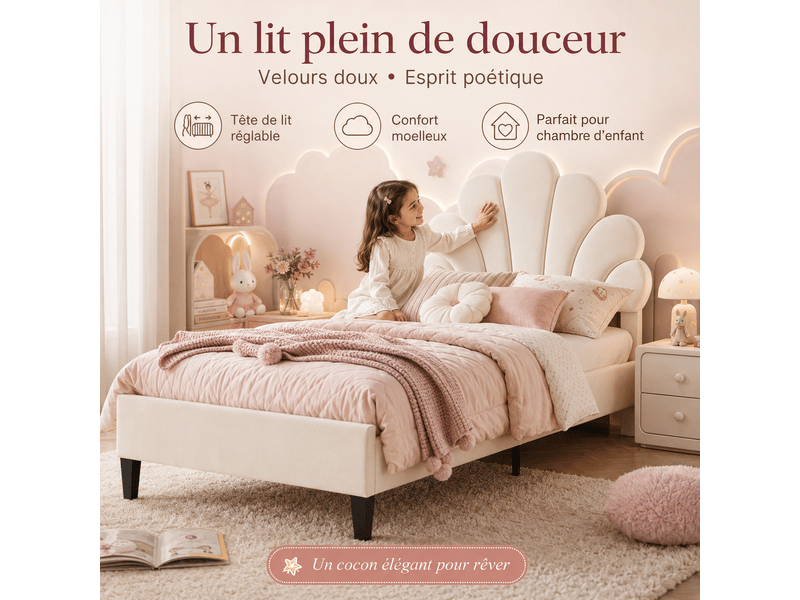  Lit enfant 90x190 avec sommier à lattes - lit rembourré 1 places avec tête de lit réglable en forme de fleur - tête de lit florale réglable - lit simple - lit simple avec tête de lit fleur réglable en hauteur - 1 personne - velo…  - Conforama C
