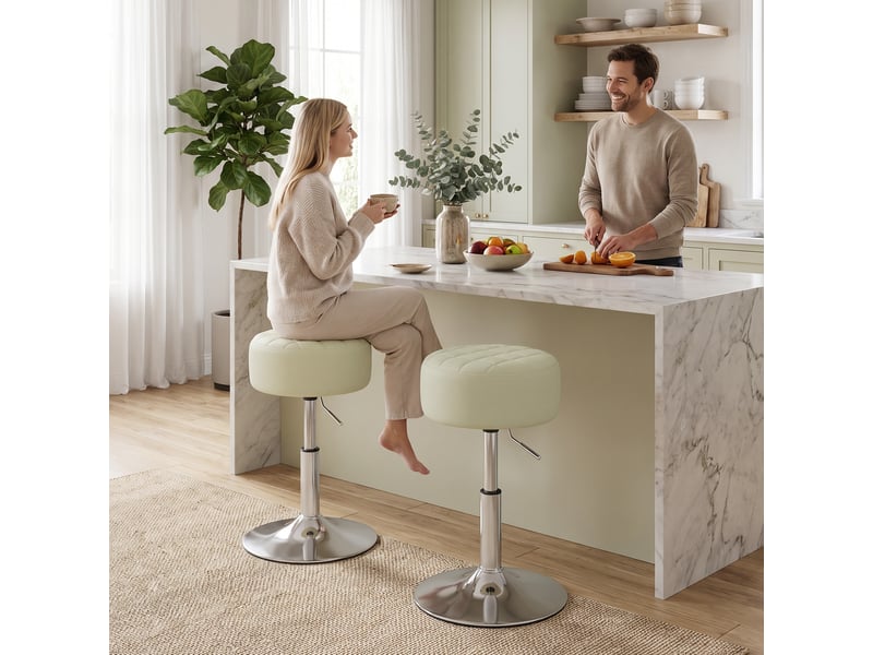  Tabouret de bar en similicuir blanc, hauteur réglable, pivotant à 360° et assise moelleuse.  - Conforama D
