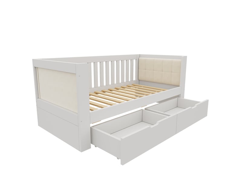  Lit banquette enfant 90x200 cm en bois blanc avec 2 tiroirs et dossier en velours  - Conforama E