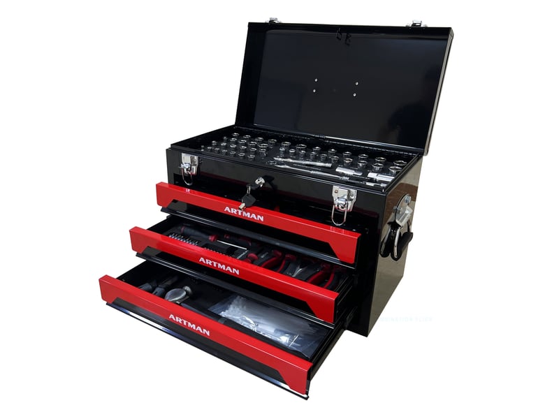  Coffre à outils en acier 50 x 27 x 35 cm noir et rouge, 3 tiroirs sur roulements à billes et poignée  - Conforama D