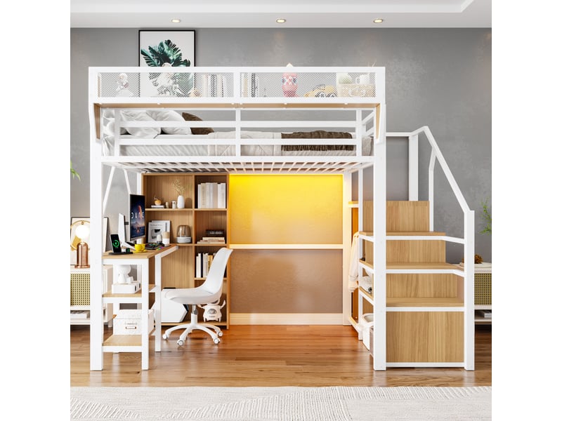 Lit mezzanine 140x200 cm – avec escalier de rangement – avec bureau – avec éclairage led – avec prise électrique – blanc (matelas non inclus) - Conforama B
