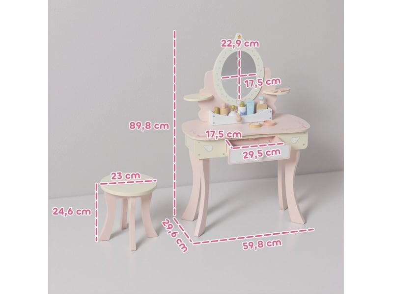  Coiffeuse enfant avec tabouret 59,8 x 29,6 x 89,8 cm - rose - miroir amovible et 7 accessoires  - Conforama C
