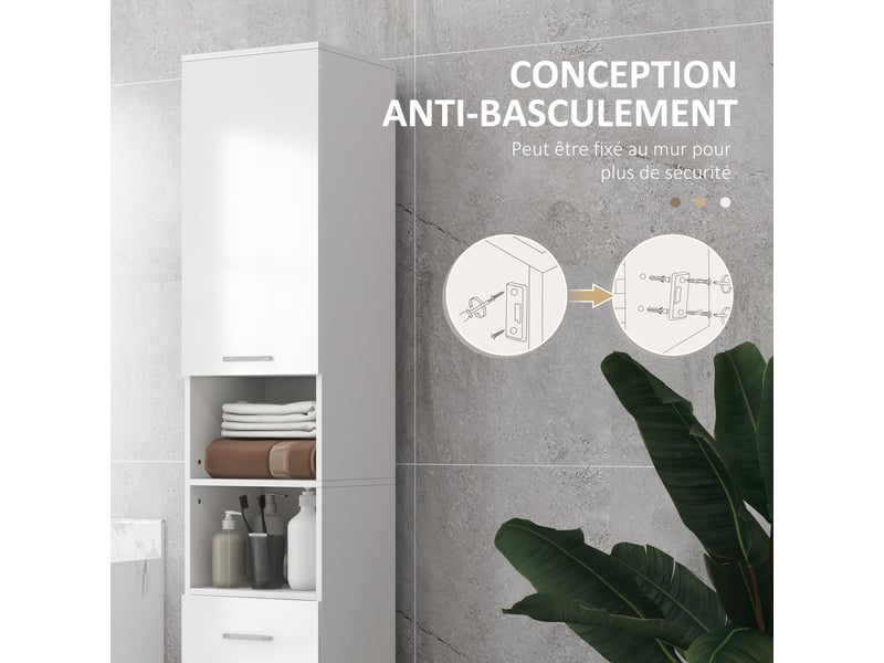  Meuble colonne salle de bain avec étagères réglables et compartiments ouverts, 30x30x180cm, blanc brillant  - Conforama E