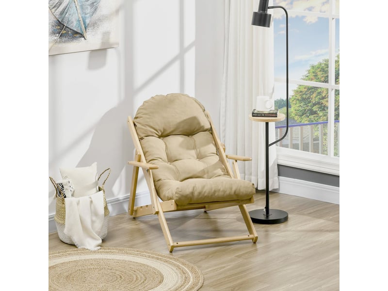  Fauteuil chaise de salon pliable et inclinable en bois fauteuil relax confortable avec coussin capitonné épais - 71 x 89 x 96 cm marron clair  - Conforama D
